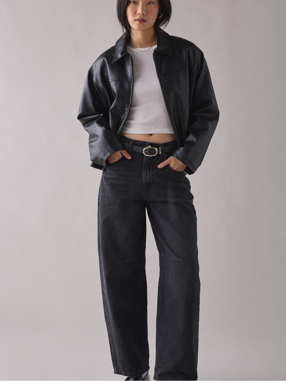 Urban Outfitters Barrel Jeans with Buckle on back in Washed Black